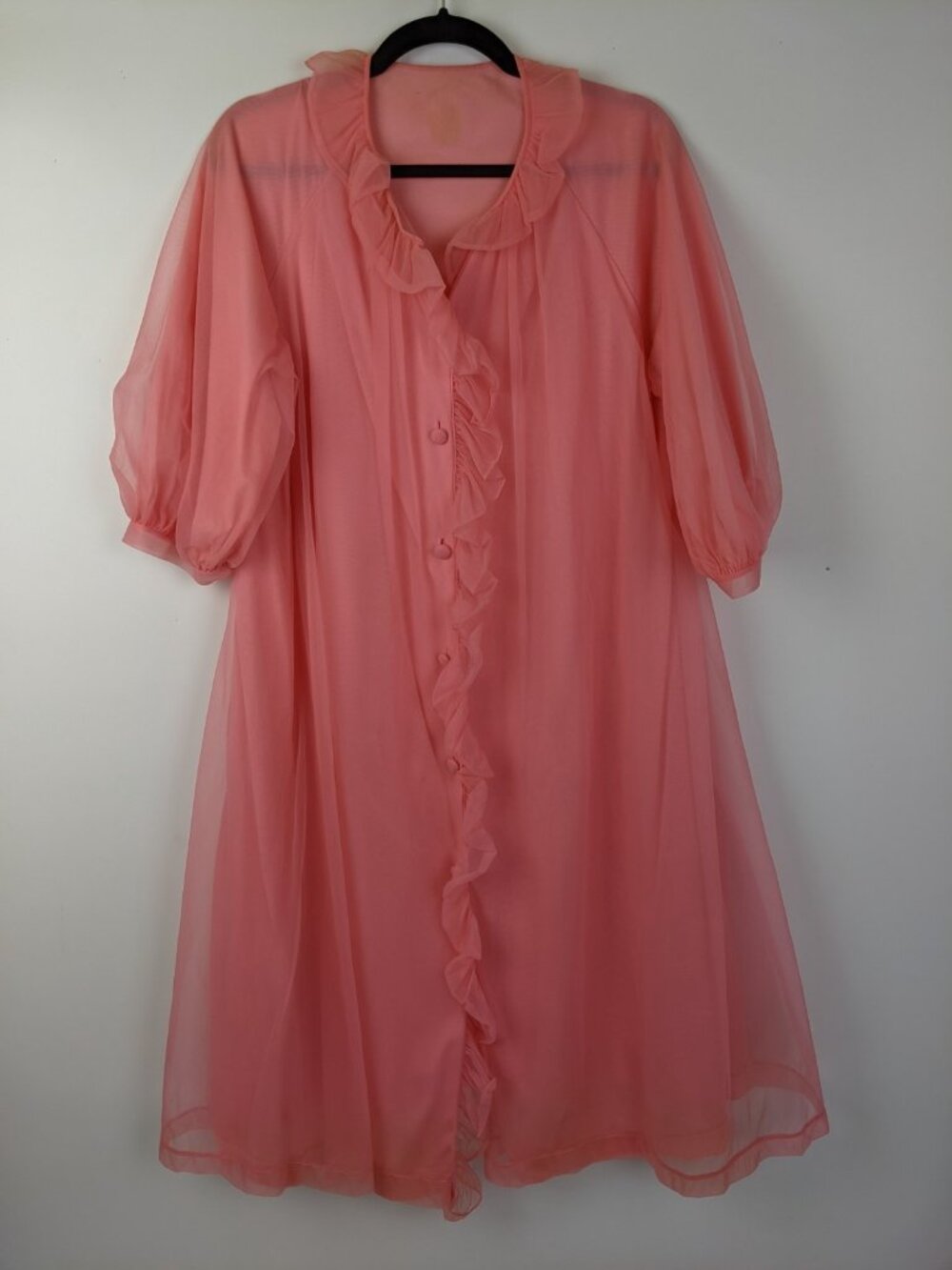 Vtg 60s 70s Coral Pink Button Up Ruffle Robe Dress Nightgown Size Medium Large